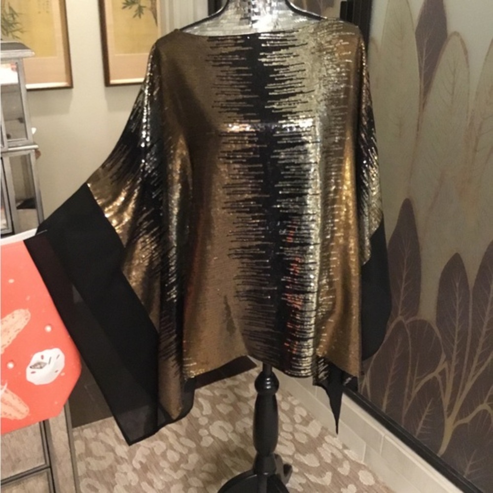 Boston Proper Gold Black and Silver Sequin Pancho Tunic